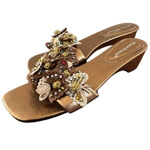 Y2K Pierre‎ Dumas Women’s Bonny Sandals Bronze Beaded Butterfly Slide Heels 8.5